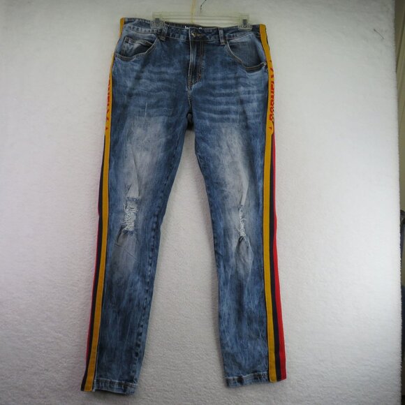 Born Fly Jeans Mens Size 34 Distressed Blue Denim Red Yellow Side Stripes - Picture 1 of 13
